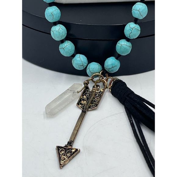 Jane Marie Hand Knotted Black leather Tassel Blue Faux Turquoise Arrow Pendant - Picture 5 of 15